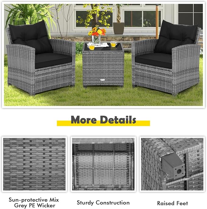 Patio Furniture Set, 3 Pcs Outdoor Wicker Conversation Set with Glass Coffee Table, Patio Chairs w/Washable Cushions, PE Rattan Outdoor Furniture Set for Porch Garden Backyard (Black)