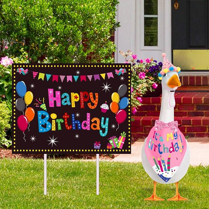 Birthday Outfit Set for Porch Goose Statue 23"& 17" - Party Bandana, Hat & Bow Tie for Outdoor Yard Decor, Cement Goose