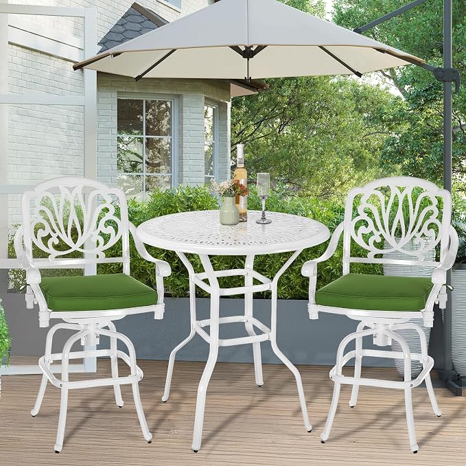 MEETWARM Patio Height Bar Table, 35.4" Bar Height Bistro Table, Outdoor Cast Aluminum Bistro Round High Top Dining Table with 2" Umbrella Hole for Garden Deck Backyard, White