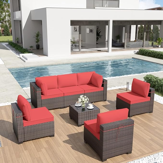 ALAULM 7 Pieces Patio Furniture Set Wicker Patio Conversation Set, Outdoor Sectional Furniture w/Coffee Table & Washable Seat Cushions-Red
