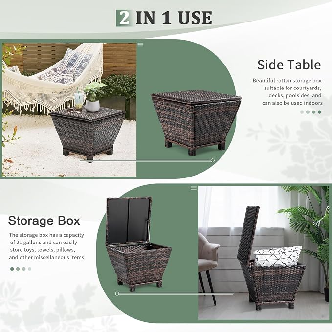 VINGLI Outdoor Side Table with Storage, 13-Gallon Patio Deck Box Outdoor Wicker Side Table for Poolside Balcony Storage Table (Brown, Trapezoid)
