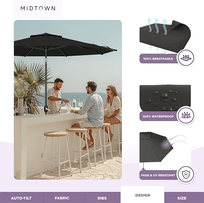 Midtown Umbrellas – The Lean 9 Ft Patio Umbrella with 10-Year-No-Fade Acrylast Acrylic Fabric, Auto-Tilt and 8 Reinforced Ribs for Deck, Pool, Garden, Hotel & Cafes – Eclipse Canopy, Black Pole