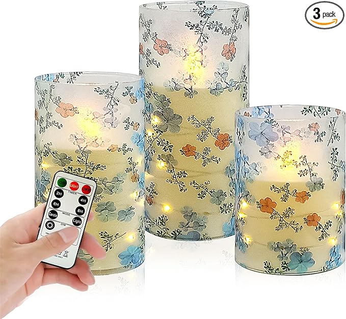 Printed Flameless Candles with String Lights - Set of 3 Battery Operated Candle Flickering Floral LED Pillar Candles with Timer Remote for Home Decor Romantic Ambiance,LT