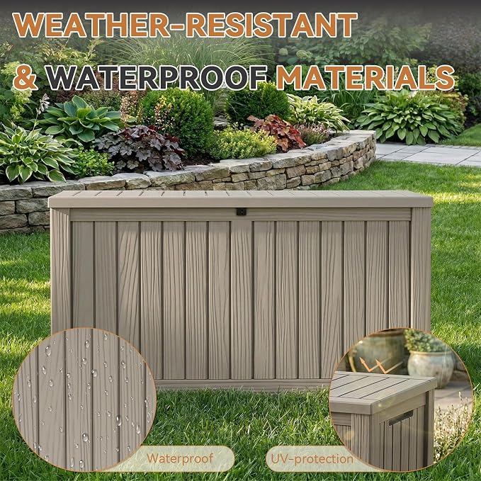 190 Gallon Large Outdoor Storage Box Waterproof, UV Resistant Resin Deck Box with Hydraulic Rod & Lockable Latch for Patio Furniture, Outside Storage Box for Garden Tools, Patio Cushions, Gray