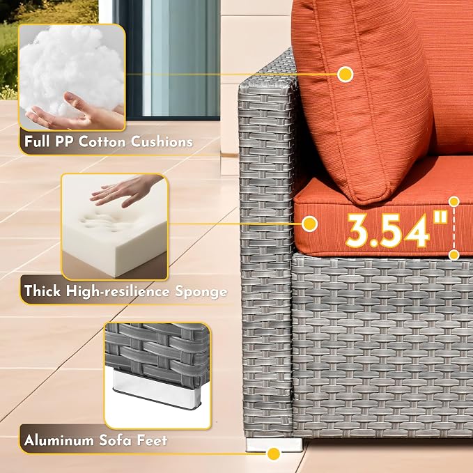 Weaxty 7 Pieces Outdoor Patio Furniture Set,Wicker Sectional Sofa Couch with Thicken Cushion and Glass Coffee Table,All Weather Rattan Patio Conversation Sets for Porch,Poolside,Backyard,Orange Red