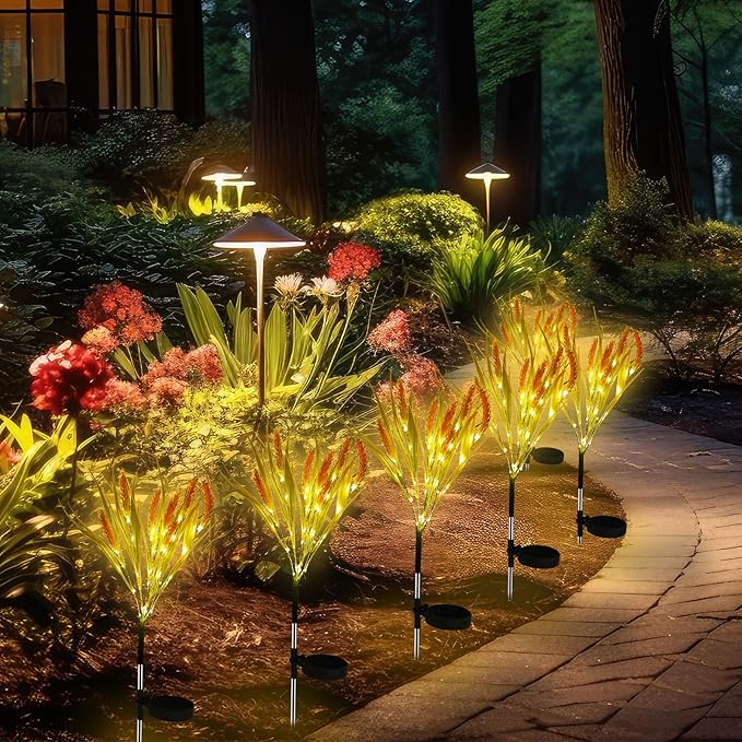 Rossesay 4 Pcs Thanksgiving Solar Lights Decorative Fall Outdoor Garden Autumn Solar Flowers Lights with 28 Realistic Wheat Ears Waterproof Decor for Yard Pathway Lawn Patio Garden Outdoor