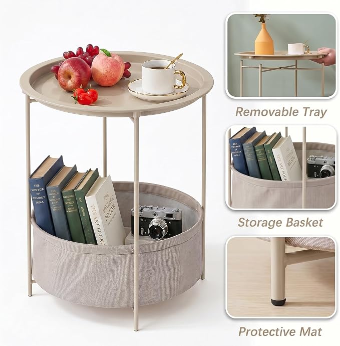 VECELO Round Side/End Table with Fabric Storage Basket，Metal Anti-Rust and Waterproof Small Bedside Nightstand with Removable Tray Top for Living Room，Balcony & Laundry，Grey /1pcs with Basket