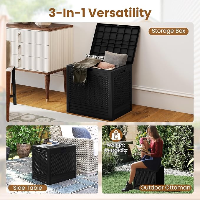 Tangkula 25 Gallon Outdoor Storage Box, Waterproof PP Resin Patio Storage Box with with Lockable Lid for Indoor & Outdoor Use, 2-in-1 Rattan Design Deck Box for Patio Cushions, Garden Tools
