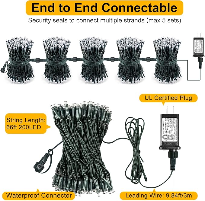 Warm White Christmas Lights Outdoor, 66FT 200 LED Christmas Tree Lights | Waterproof 8 Modes Connectable String Lights for Outside Indoor Patio Classroom Xmas Wedding Party Holiday Decorations