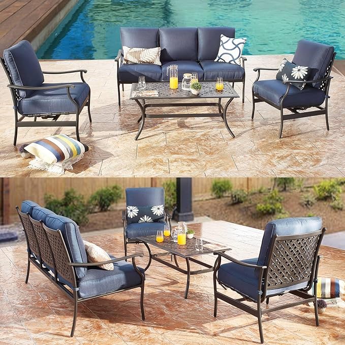 Patio Conversation Set 6 Pieces Metal Outdoor Furniture Seating Sets with Blue Thick Cushions, Rocking Chairs & Coffee Table & Loveseat