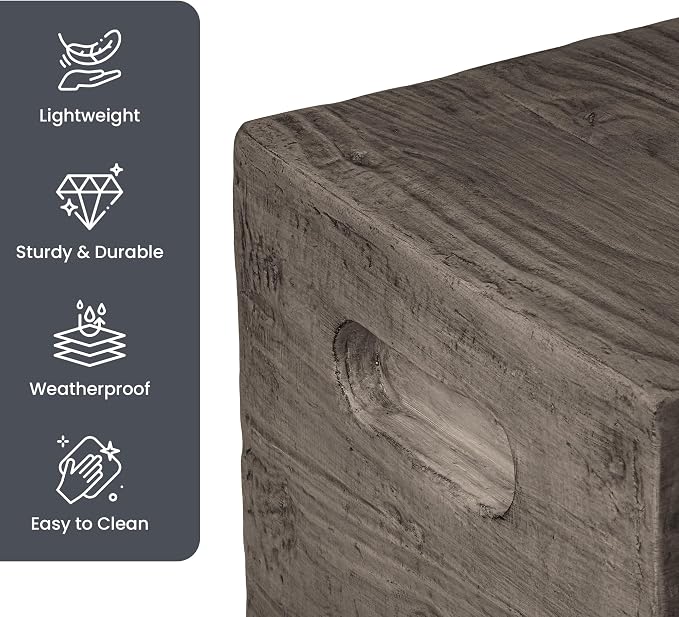 HOMPUS Outdoor Side Table w Groove Handle, Patio MgO Concrete Natural End Table, Square Accent Small Coffee Table for Garden, Patio, Porch and Deck, Antique Black