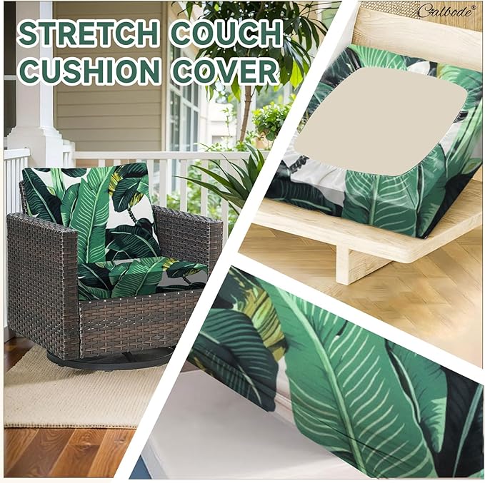 CALBODE 8 Pcs Stretch Outdoor Seat Cushion Covers, Washable Chair Seat Cover for Patio Furniture Cushions Soft Indoor and Outdoor Couch Cover Replacement (Monstera, Cover Only)