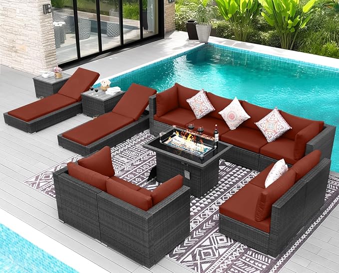 NICESOUL 13 Piece Outdoor Seating with Fire Pit Table, High-End Wicker Patio Furniture Set with Chaise Lounge, Comfy 29.3'' High Back Deep Sectional Sofa, All-Weather Backyard Sitting, Grey & Red