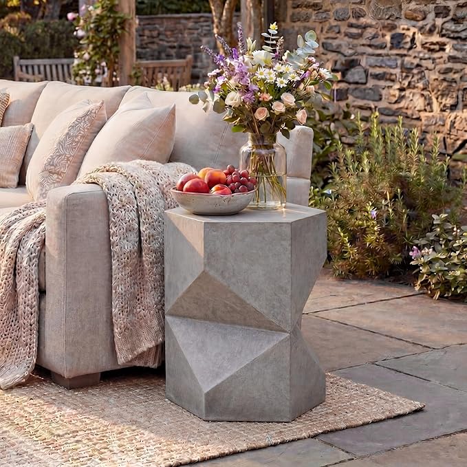HOMPUS Outdoor Side Table Polygonal, Concrete End Table Hexagonal w Gloss Finish, Patio Accent Table Modern Design Home Decor, MgO Coffee Table for Living Room, Garden, Backyard, Grey