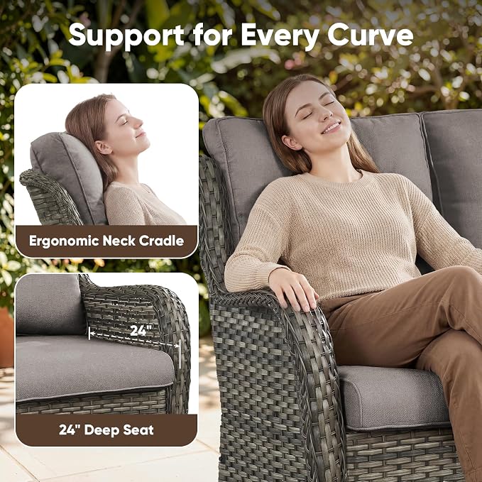 Belord 3-Piece PE Wicker Outdoor Sofa with 2 Ottomans, Luxury Patio Couch Convertible to Chaise Lounge, All-Weather High Back Deep Seat Woven Furniture for Deck, Porch - Grey/Grey