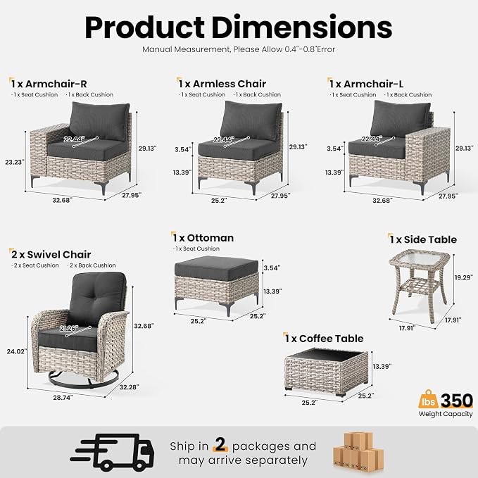 ovios 8-Piece Patio Furniture Set with L-Shape Sofa Chaise, Outdoor Sectional Couch Swivel Gliders, Modern Modular Wicker Rattan Conversation Set, Black