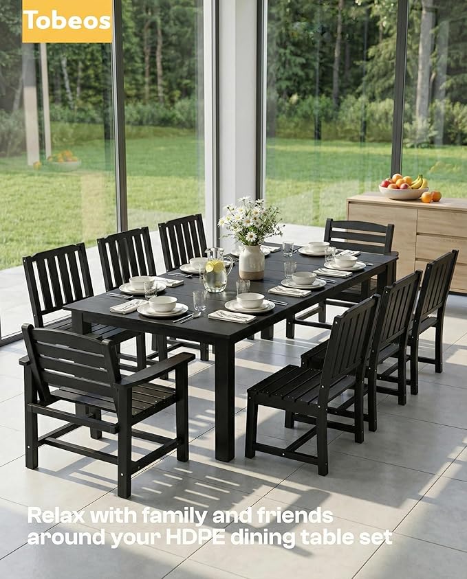 HDPE Outdoor Dining Set for 8, 9-Piece Outdoor Dining Table Set with 2" Umbrella Hole, Patio Table and Chairs Set with Aluminum Frame & Legs (Black)
