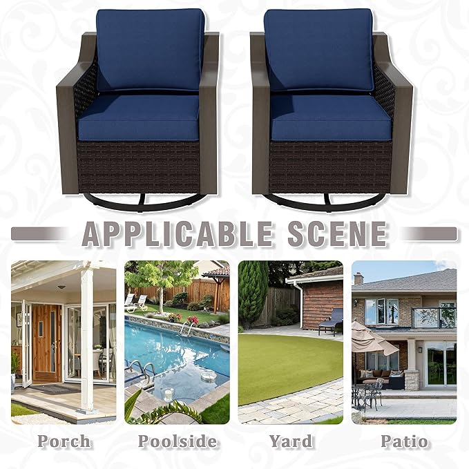 Outdoor Wicker Swivel Chair Set of 2, All-Weather Use Patio Rattan Chair with Removable Water-Resistant Cushion, Ideal for Porch, Backyard, Balcony, Poolside, Blue