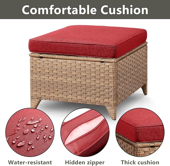 Rilyson Outdoor Ottoman Wicker Patio Ottomans - 2 Piece Footrest Footstools Set Rattan Outdoor Ottomans for Patio with Thick Cushions(Yellow/Red)