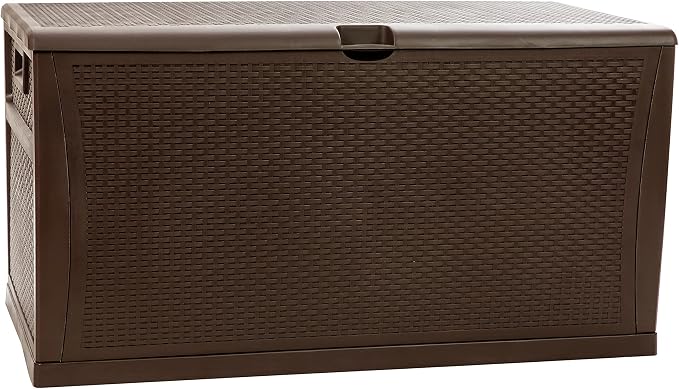EMMA + OLIVER 120 Gallon Brown Plastic Deck Box for Outdoor Patio Storage & Deck Organization