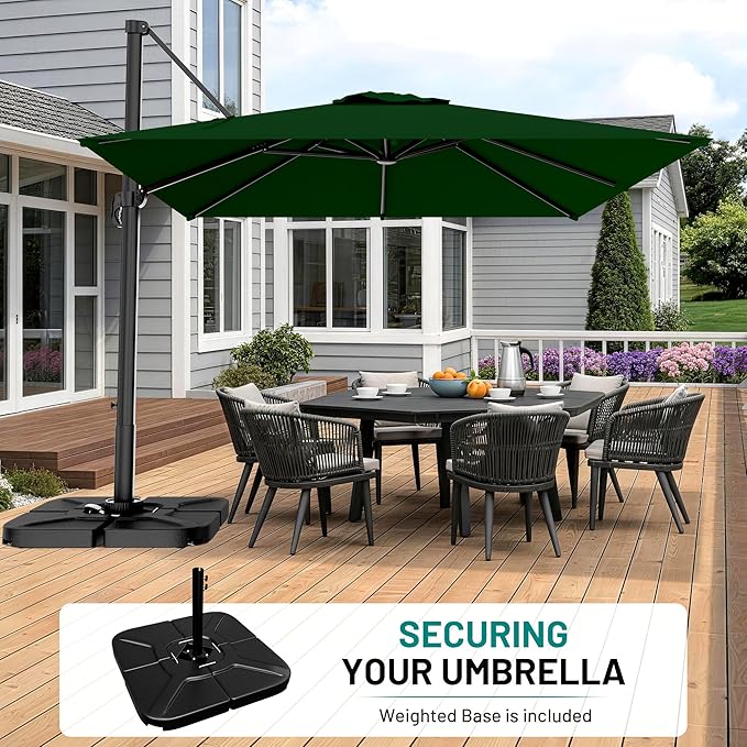 AreShark 9 × 9FT Square Cantilever Patio Umbrella with Base Included, 360° Rotation Offset Outdoor Umbrella, 5 Tilt Settings Heavy Duty Hanging Parasol for Deck Garden Pool, Dark Green