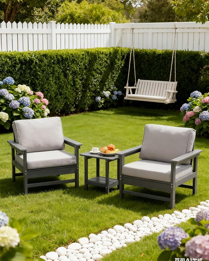 HDPE Outdoor Patio Bistro Set with Cushions, 3 Piece Patio Conversation Set Sofa Set,All Weather Outdoor Couch Set with Coffee Table for Lawn, Garden, Deck