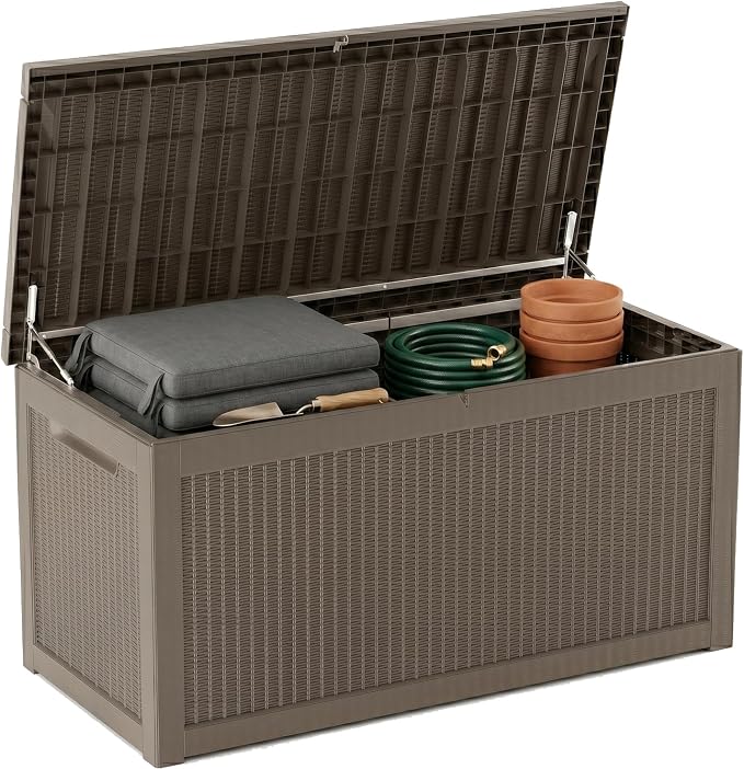 319 Gallon Extra Large Outdoor Storage Box, Waterproof Deck Box with Lockable Lid, Resin Outside Storage Box for Patio Furniture, Pool Accessories,Garden Tools, Storage Bench for Backyard, Gray Coffee