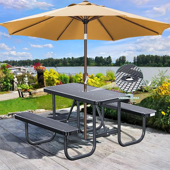 4FT Heavy Duty Picnic Table with 2 Benches, Up to 6 People Expanded Meta Outdoor Patio Dining Table with Umbrealla Hole, Outdoor Bench Set Steel Mesh Dining Furniture for Garden, Lawn, Patio