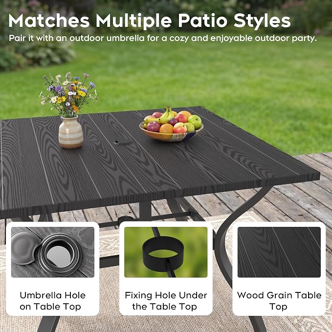 Outdoor Dining Table for 4-38" x 38" Matel Patio Table with E-Coated Finish, 1.6" Umbrella Hole for Garden, Backyard