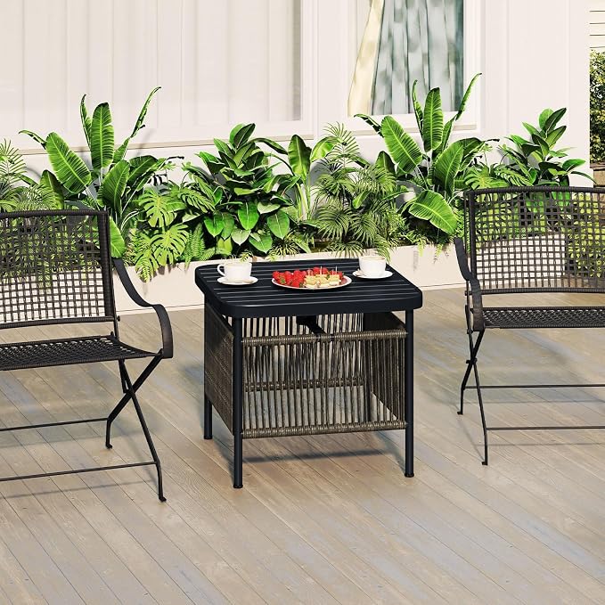 HAPPYGRILL Outdoor Side Table with Umbrella Hole 1.57”, Square Rattan Wicker Coffee Bistro End Table Umbrella Stand, for Backyard Poolside Garden (1)