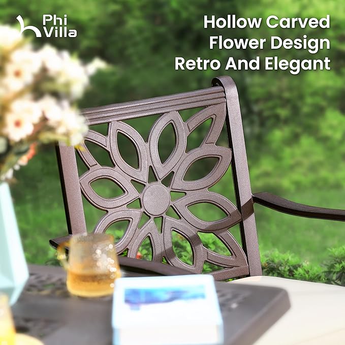 PHI VILLA Cast Aluminum Patio Dining Set for 6, 7 Pieces Outdoor 63" Heavy-Duty Table with Umbrella Hole & Fixed Swivel Chairs Combo with Cushions, Large Outside Furniture Set for Deck, Porch - Brown