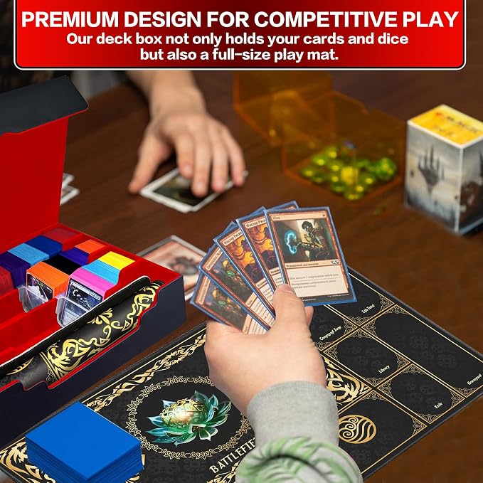 PROMAXIBINDER Trading Card Storage Box Fits 4000+ Cards, 4-Row MTG Commander Deck Case with Playmat, 6 Movable Partitions 24 Dividers PU Leather Magnetic Closure, Magic/TCG/YuGiOh/Sport (Black&Red)