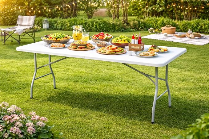 6FT Plastic Folding Table - Portable Picnic Table for Camping, Party, Wedding & Picnic - Outdoor Folding Table with Lock and Handle