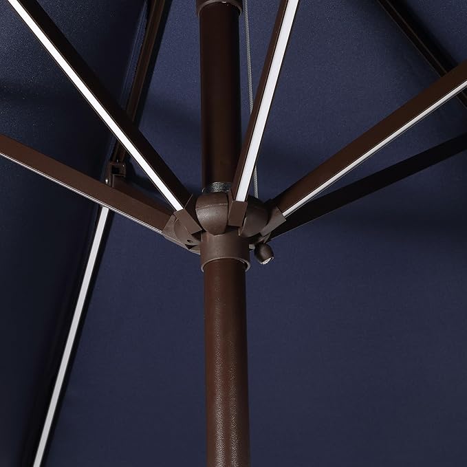 JONATHAN Y Spencer 9 ft. Solar Powered LED Patio Umbrella with Crank and Tilt, Hexagon Outdoor Market Sunshade for Garden, Deck and Pool, Navy/White, Dark Brown Pole UMB1100A