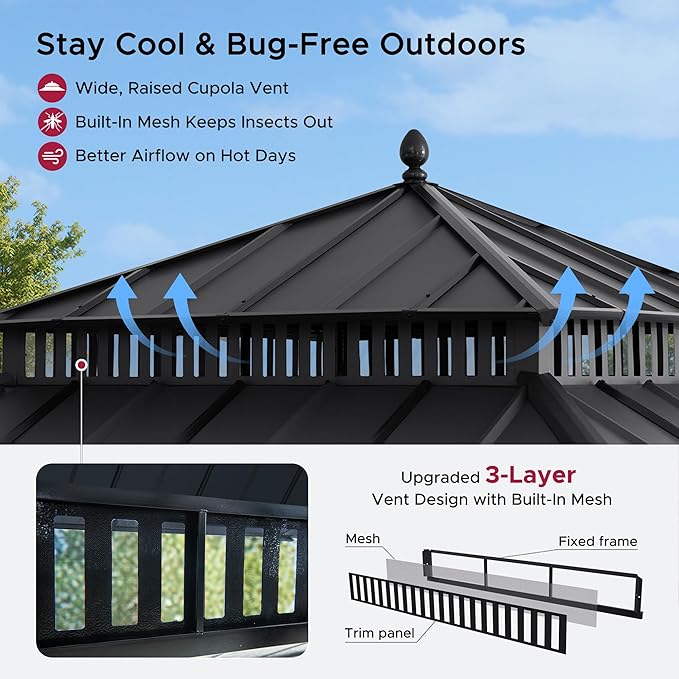 SUNJOY Kingston 12' x 12' Hardtop Wood Gazebo with Galvanized Steel Double Roof, Curtain and Netting, Cedar Posts Permanent Pavilion Gazebo for Garden, Patio, Deck, Lawn