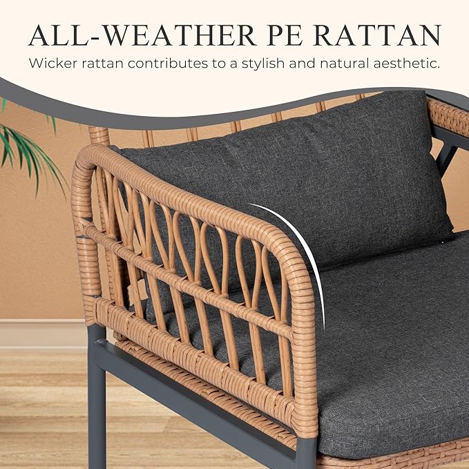 PROHIKER Patio Furniture Outdoor Rattan Loveseat 2-Seat with Built-in Table, Lumbar Pillows and Cushions, All-Weather Wicker Loveseat Porch Chairs for Balcony, Lawn, Backyard