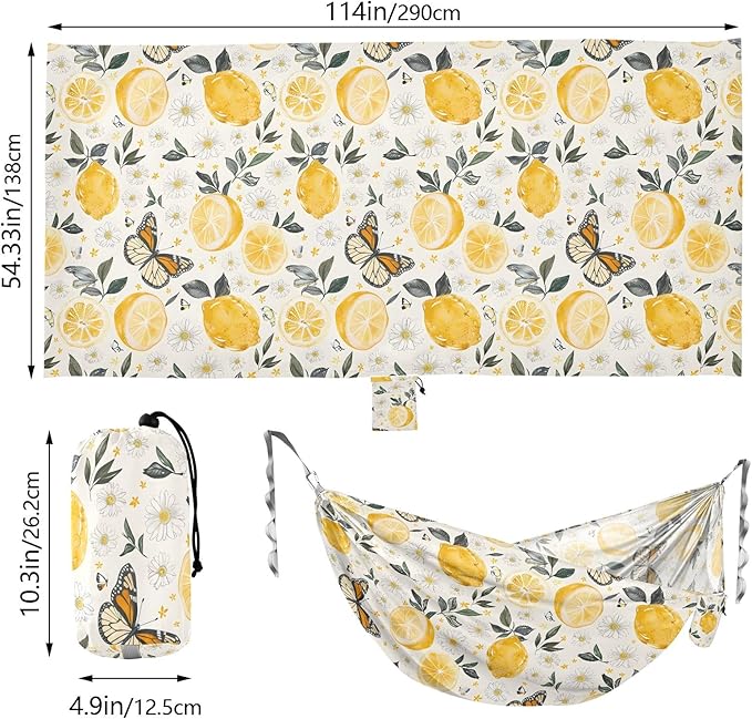 Camping Hammock Outdoor Hammocks for Outside Lemons Flowers Butterfly Beach Trees Portable Lightweight with Pockets Tree Straps Indoor