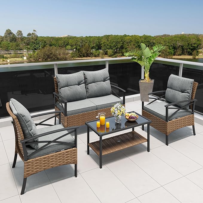 YITAHOME 4 Pieces Patio Furniture Set Outdoor Wicker Patio Conversation Set with Metal Table and Soft Cushions All-Weather Rattan Bistro Set with Loveseat (Light Brown + Gray)