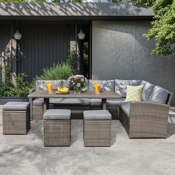 JOIVI Outdoor Patio Furniture Set, 7 Piece Patio Dining Sofa Set, Outdoor Sectional Couch Conversation Set All Weather Wicker Rattan Aluminum Desktop Dining Table & Chair with Ottomans, Gray Cushion