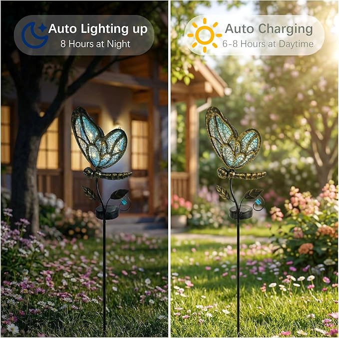 Decorative Outdoor Solar Butterfly Lights,Warm LED Handcrafted Blue Glass Stakes, 36 Inch Tall, Auto On-Off for Up to 8 Hours Glow, Waterproof Yard Patio Ornaments