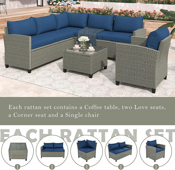 Outdoor Patio Furniture Set, 5 Piece Conversation Set, Wicker Furniture, Sofa Set, Rattan Chairs, Garden, Backyard, Balcony, Porch, Loveseat by PIS