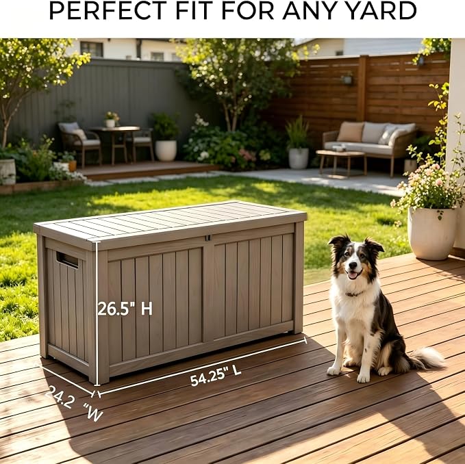 150 Gallon Resin Outdoor Storage Box for Garden Tools, Pool Supplies & Patio Cushions – Waterproof & UV-Resistant, Durable Material – Lockable (Brown)