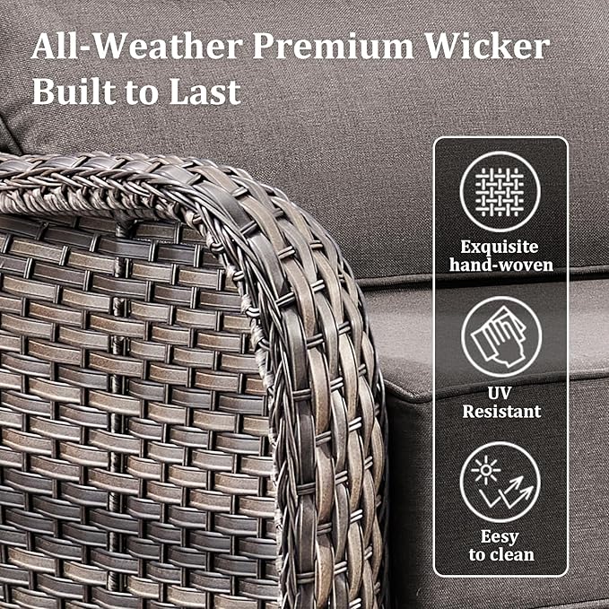 Luxury High Back Patio Furniture Set with 6-Inch Thick Cushions, 8-Pieces Outdoor Furniture with Swivel Chairs, Wicker Conversation Set for Porch, Balcony, Deck and Yard, Grey