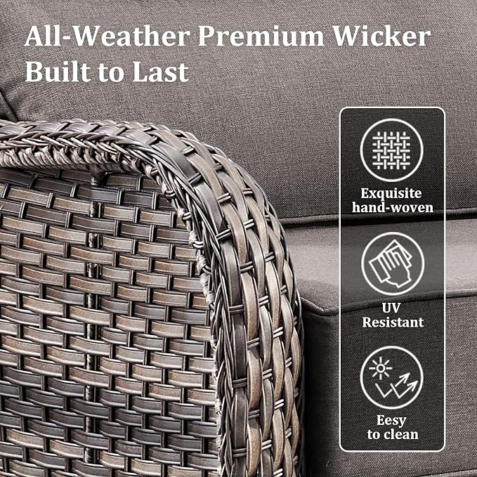 Luxury High Back Patio Furniture Set with 6-Inch Thick Cushions, 9-Pieces Outdoor Furniture with Swivel Chairs, Wicker Conversation Set for Porch, Balcony, Deck and Yard, Grey