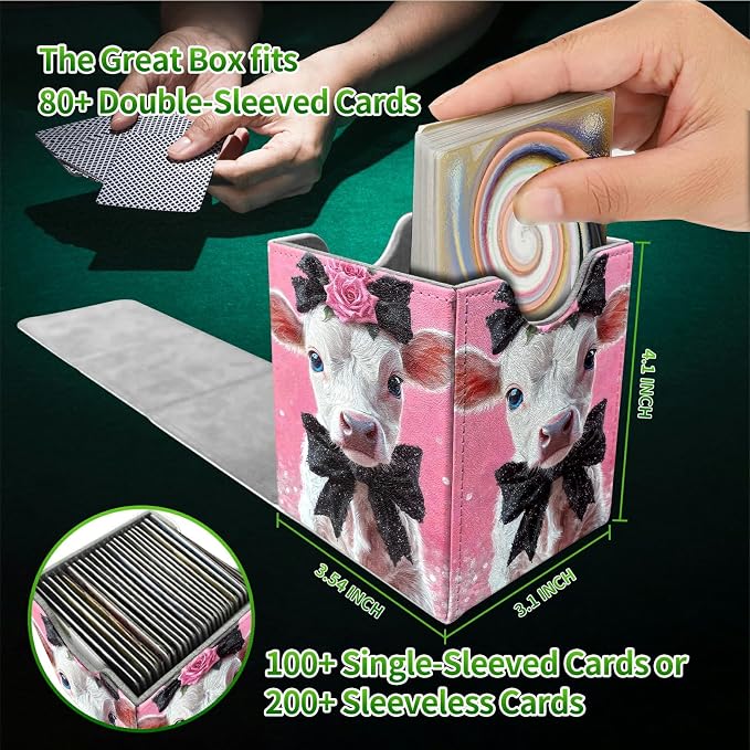 Pink Flower White Cow Card Deck Box for MTG, Personalized Card Storage Case Fits 120+ Sleeved Cards, Premium Leather TCG Box with Strong Magnetic Closure for Magic, PTCG, Baseball Cards