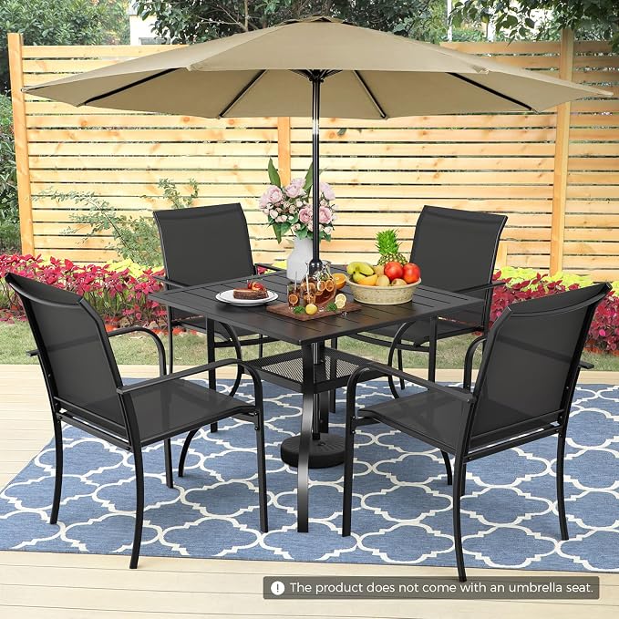 Incbruce 6 Pieces Patio Dining Set with Brown Umbrella, Outdoor Dining Set of 4 Textilene Chairs and Square Table with Umbrella Hole for Backyard, Garden, and Poolside (Black)