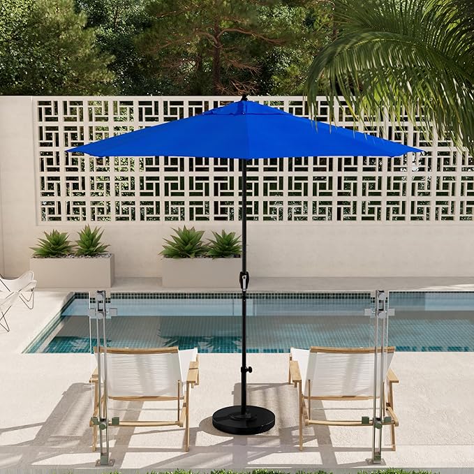 California Umbrella 12-Year Protection 9' Rd Aluminum Patio Umbrella, Crank Lift, Auto Tilt, Black Finish, Sunbrella Pacific Blue