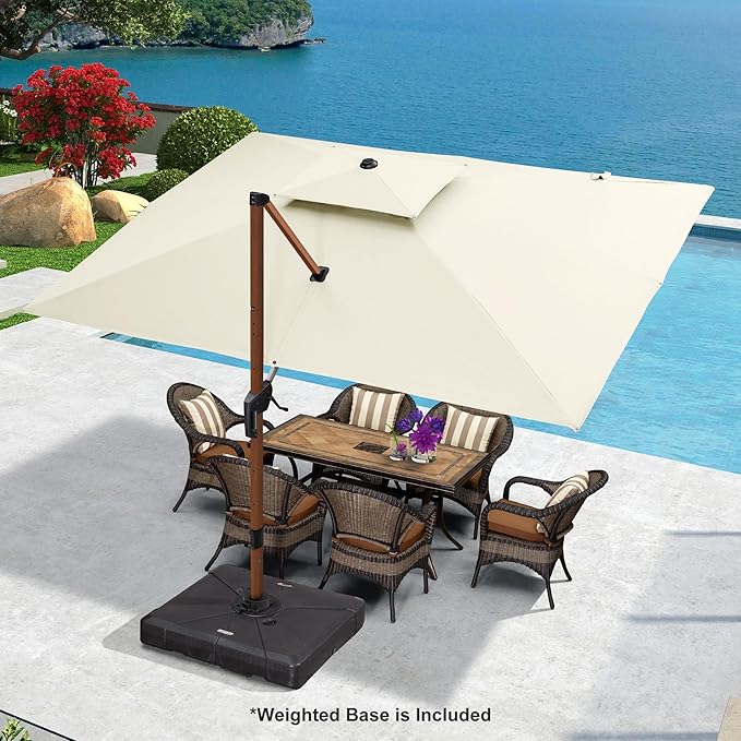 PURPLE LEAF 9' X 12' Double Top Deluxe Wood Pattern Rectangle Patio Umbrella with Base Offset Hanging Umbrella Outdoor Market Umbrella Garden Umbrella, Cream