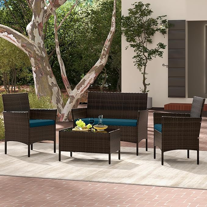 Tangkula 4 Piece Patio Rattan Conversation Set, Outdoor Wicker Furniture Set with Chair, Loveseat & Tempered Glass Table, Cozy Seat Cushions, Outside Sectional Sofa Set for Backyard (1, Peacock Blue)