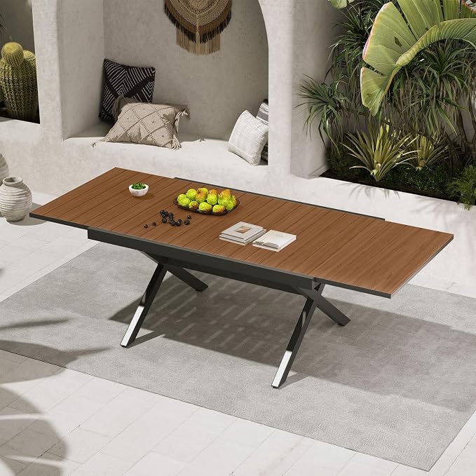 Grand patio Expandable Patio Dining Table, Extra Large 94.5" L x 37" W Outdoor Dining Table for 6-10 Person Wood Grain Rectangular Patio Table with E-Coating for Garden Porch Deck, Black